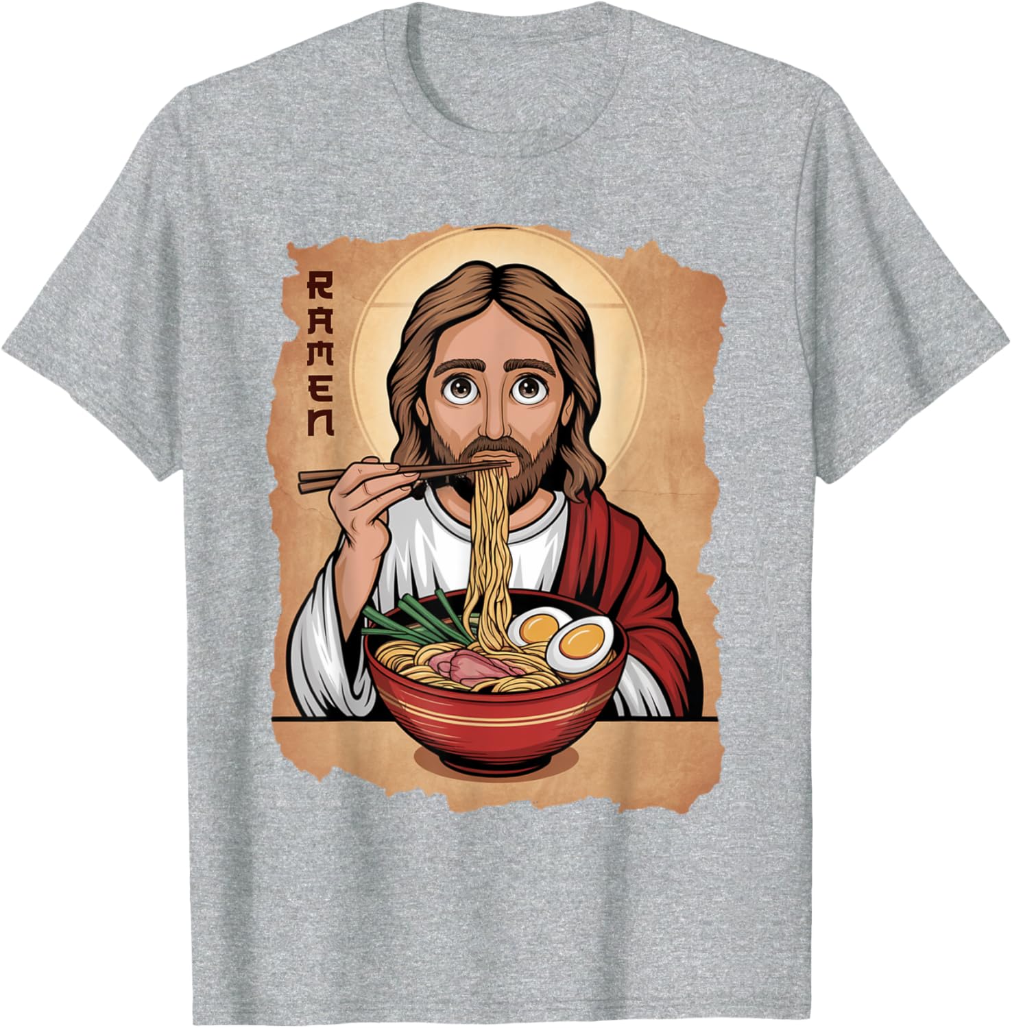 Cute Jesus Eating Ramen Noodles T-Shirt with Ocean Waves Japanese Art - 14