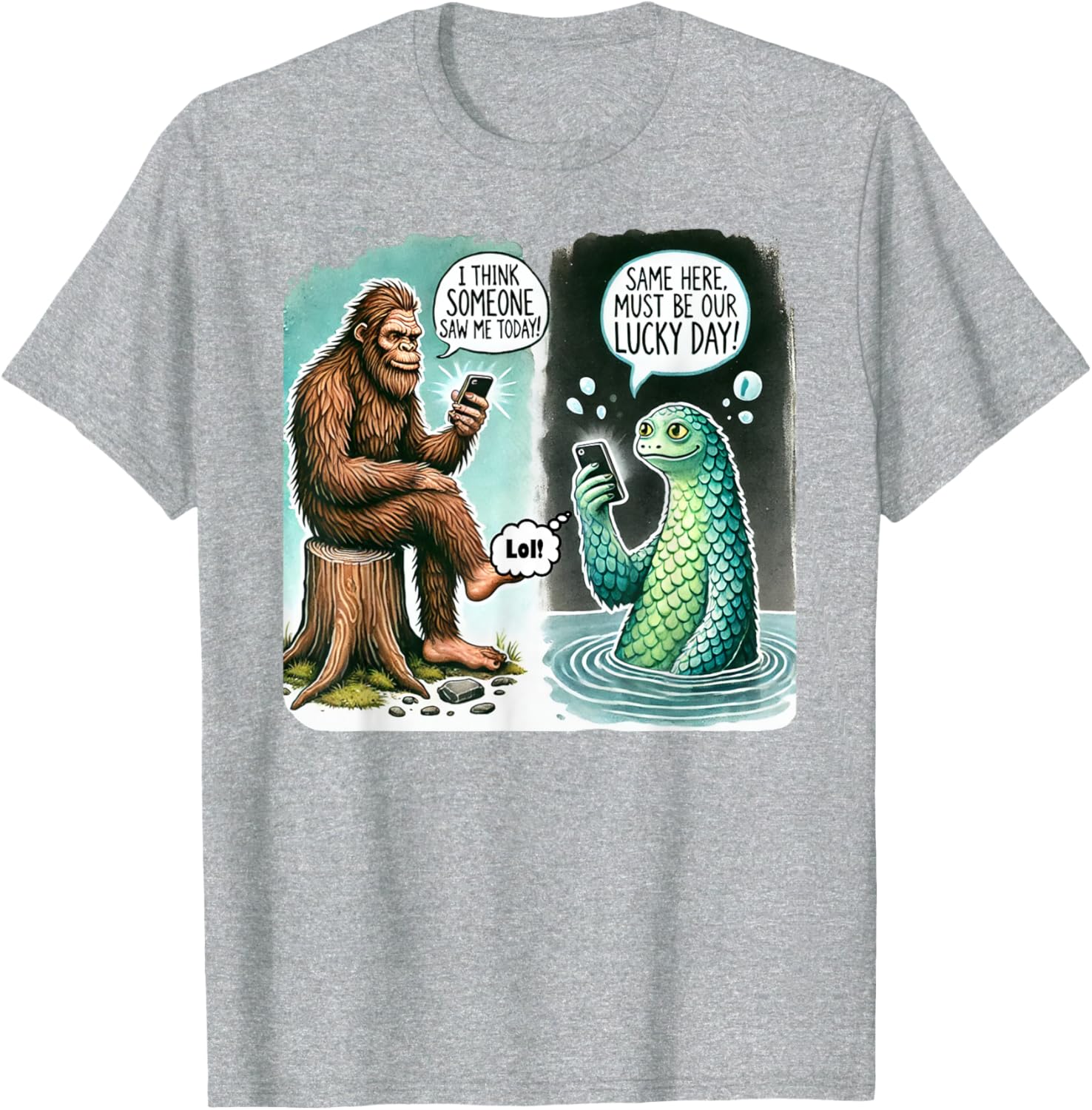 Funny Bigfoot Texting Nessie T-Shirt - I Think Someone Saw Me Today - 17