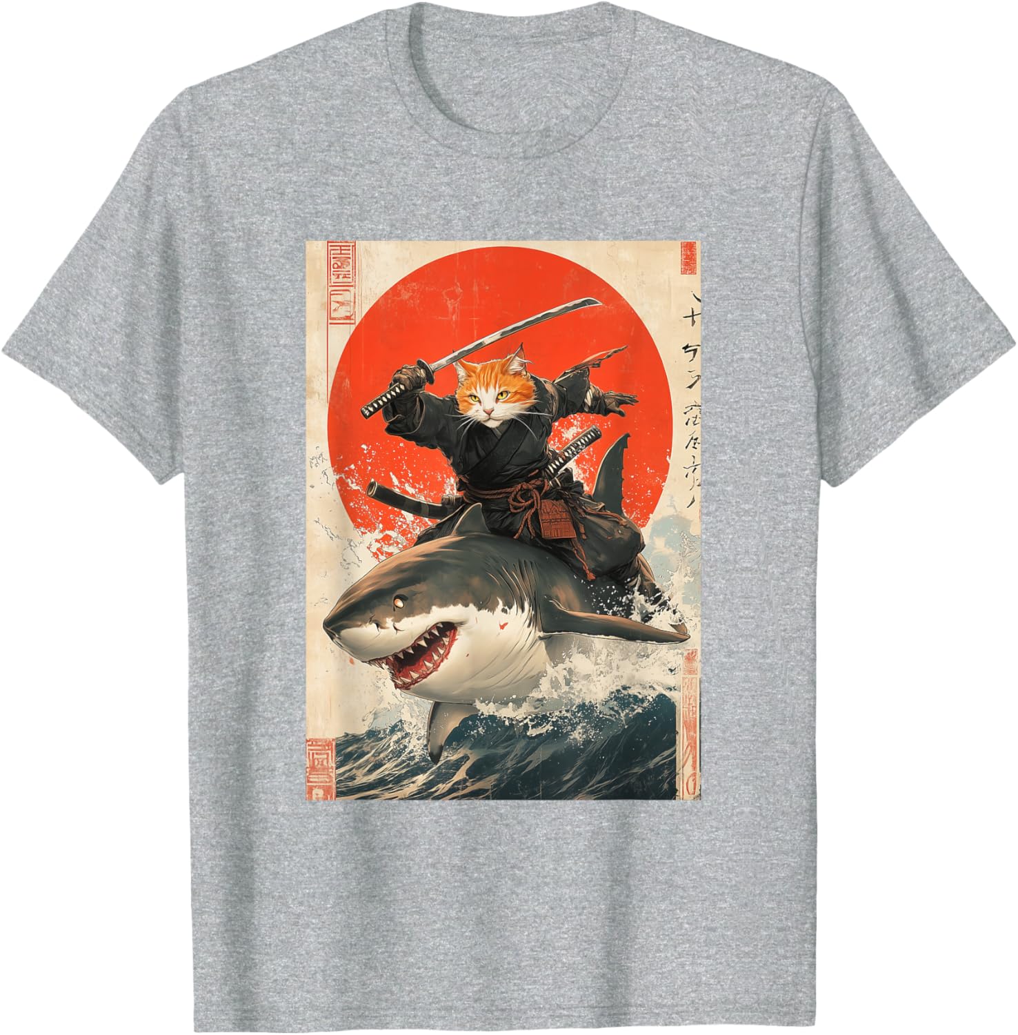 Ninja Cat Riding Shark Graphic Tee Cute Japanese Style T-Shirt for Cat Lovers - 1