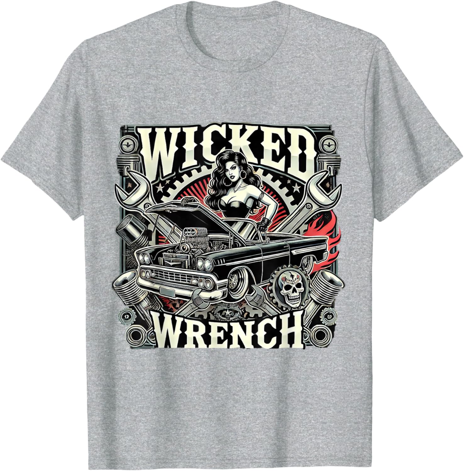 Hot Rod Wrench Lady Flames Pistons T-Shirt for Car Enthusiasts - 5