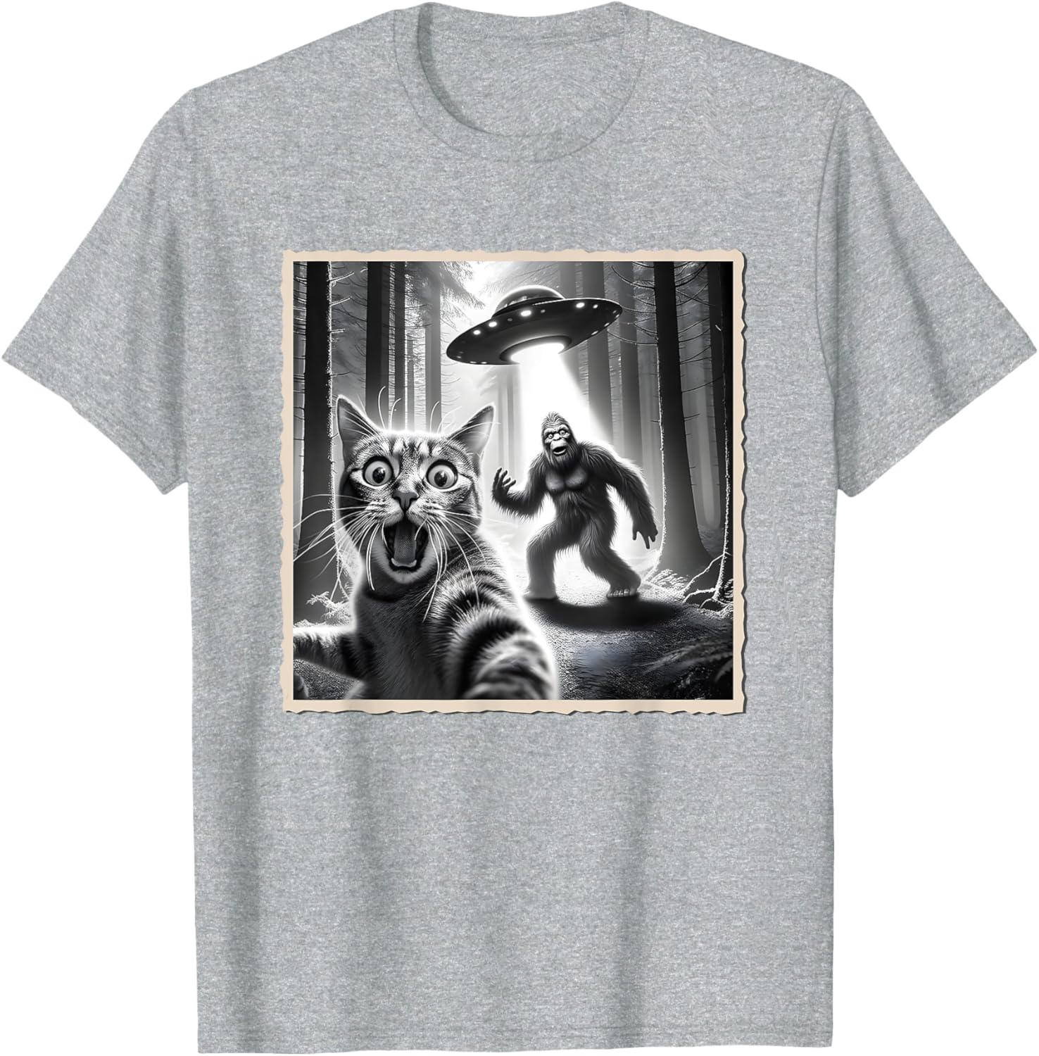 Funny Cat Selfie with Bigfoot and UFO T-Shirt for Animal Lovers - 4